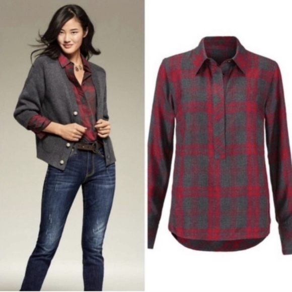 Cabi Red Gray Plaid Cunningham Shirt Long Sleeve Size Small - Picture 2 of 11